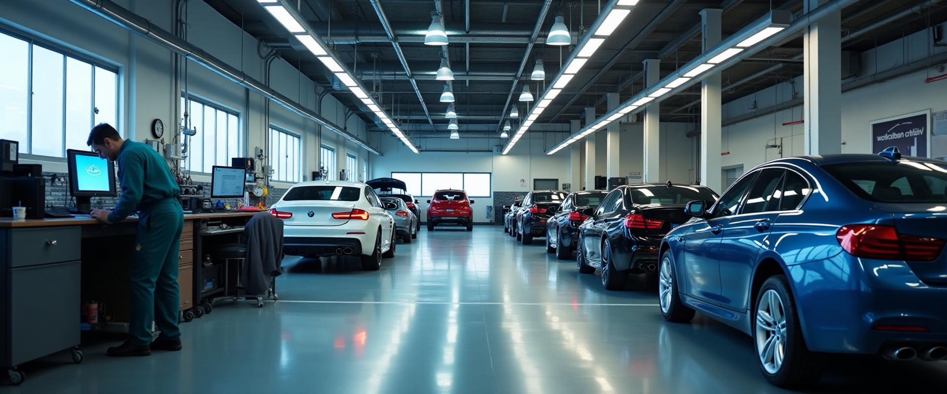 Wide view of the Dayara Auto Engineers workshop with multiple vehicles being serviced