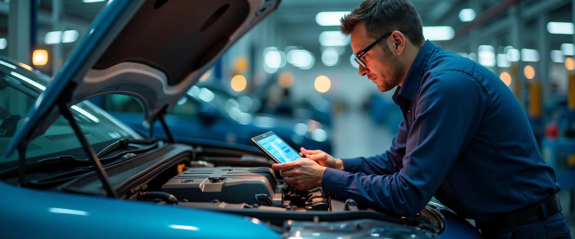 Technician using a diagnostic tablet on a vehicle engine at Dayara Auto Engineers