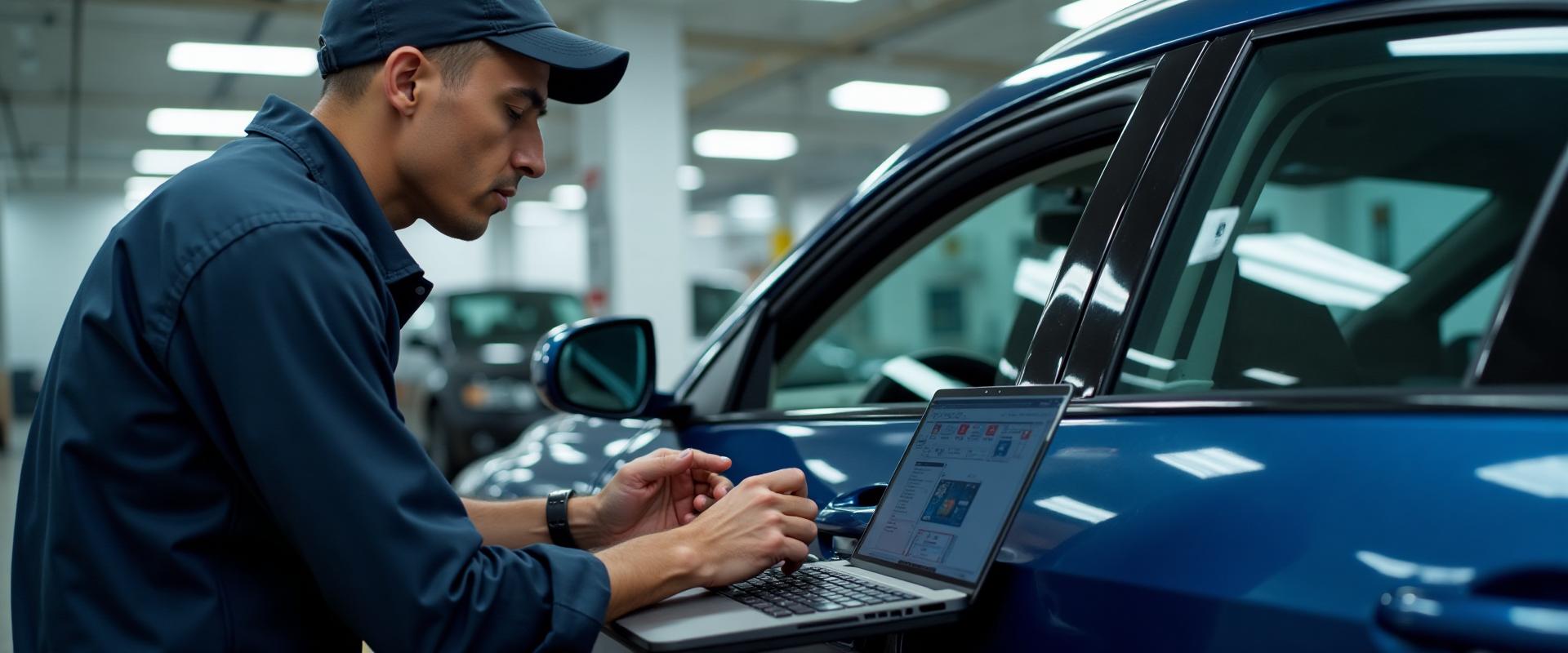 Technician performing ECU diagnostics with a laptop on a vehicle